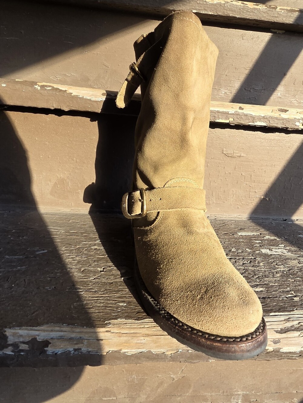 Frye Veronica Short 70590 Womens Green Tan Suede Hook & Loop Engineer Boots - Picture 8 of 15